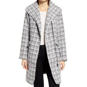 NEW Halogen Women Moto Tweed Plaid Grey Asymmetrical Zip Midi Jacket Pea Coat